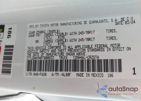 2024 Toyota Tacoma Sr z USA, uszkodzony, nr VIN 3TYJDAKN4RT000833